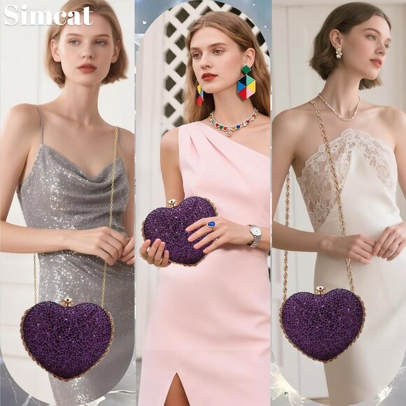 ⚡  Women's Cute Heart Shape Rhinestone Evening Wedding Purple Clutch Handbag - Picture 6 of 6